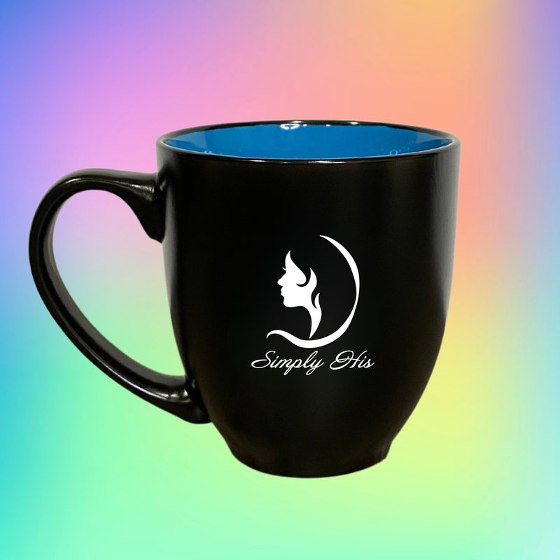 Black ceramic mug with blue interior and Simply HIS logo on the front